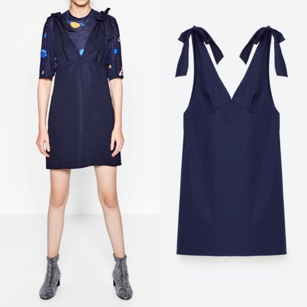 Zara trafaluc navy bow tie dress deep vneck plunge